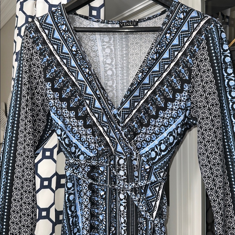 Sz L VENUS 3/4 Sleeve Vibrant Blue and Black Faux Wrap Maxi Dress PTP 19”